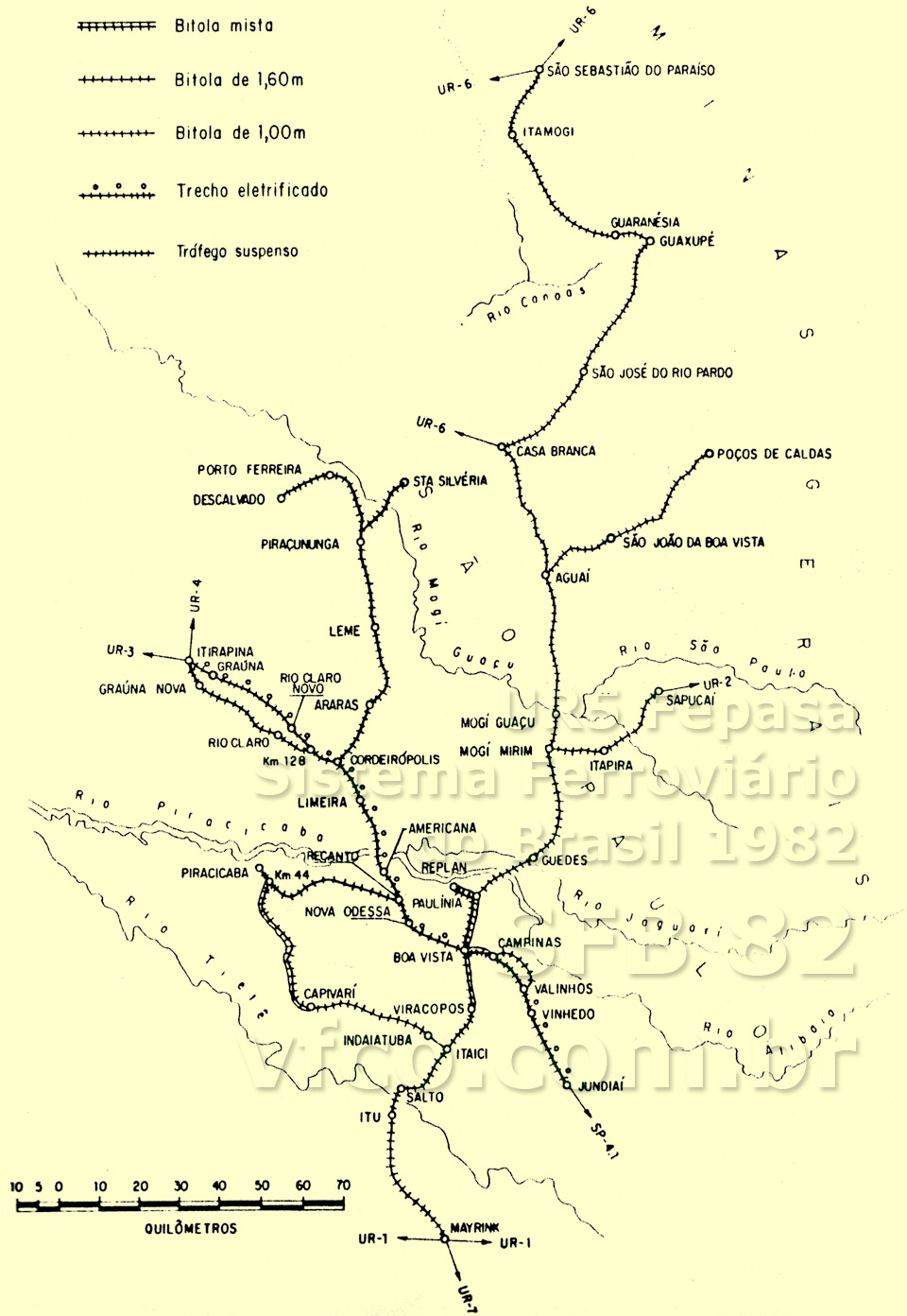 Mapa ferroviário da UR5 Fepasa em 1982