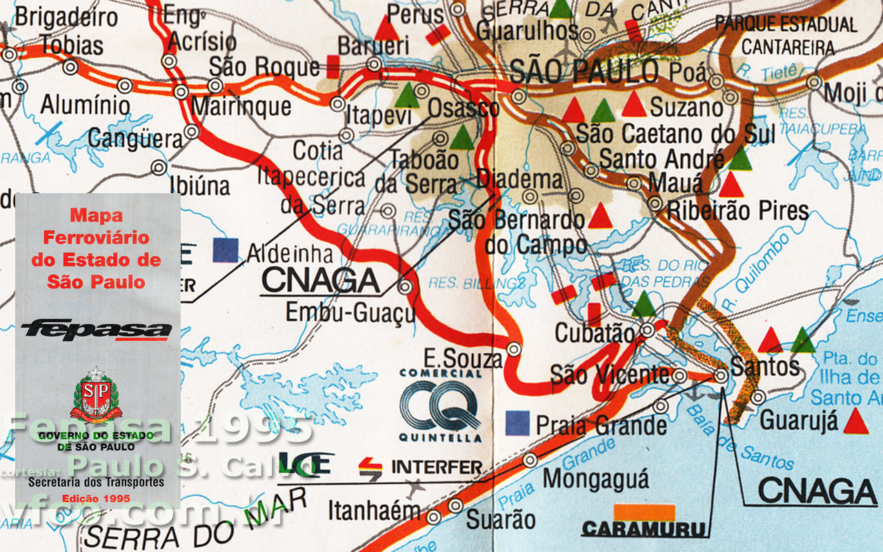Mapa ferroviário da Linha Tronco Mairinque-Santos, Ramal de Evangelista de Souza e Ramal de Cubatão da UR7 Fepasa em 1995