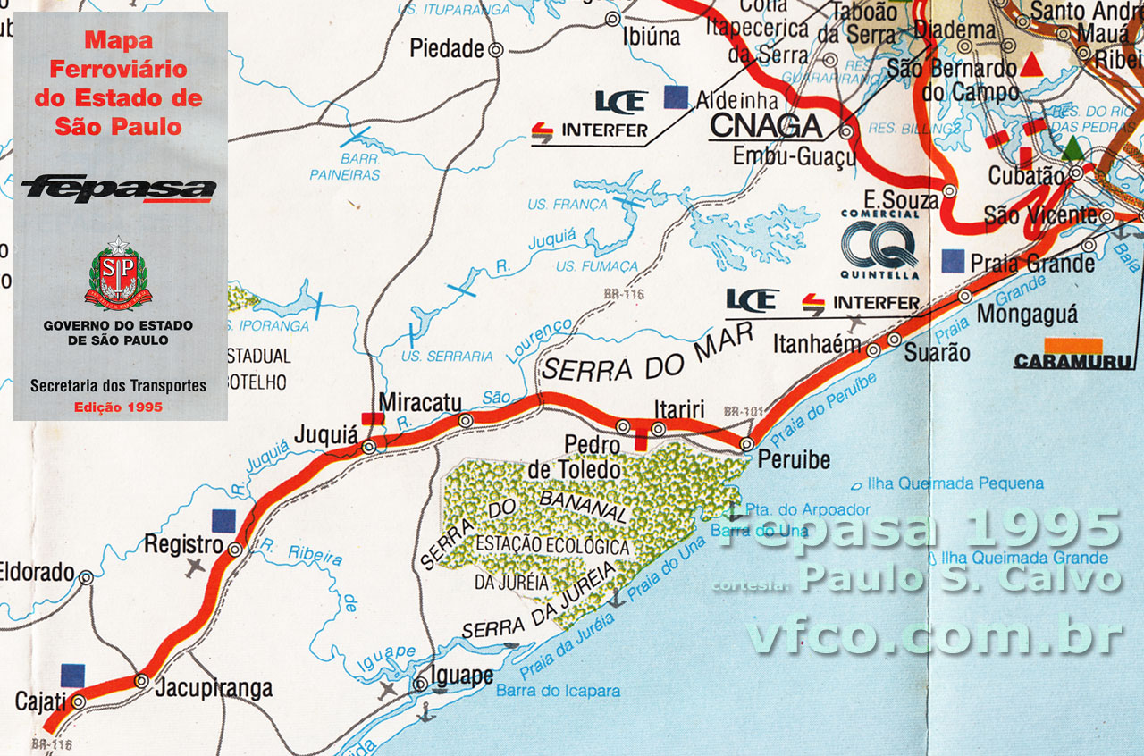 Mapa ferroviário do Ramal de Juquiá da UR7 Fepasa em 1995