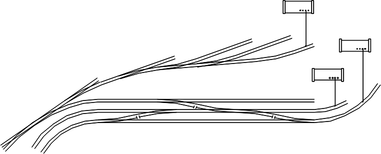 Esquema de ligação dos trilhos em maquete com 3 linhas independentes, conforme o manual da Frateschi - "Ferrovias para você construir"