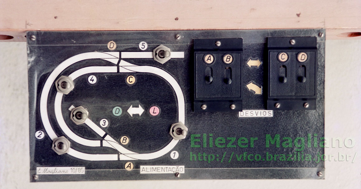 Painel construído pelo Eliezer para o controle dos trens e trilhos de desvio da maquete suspensa