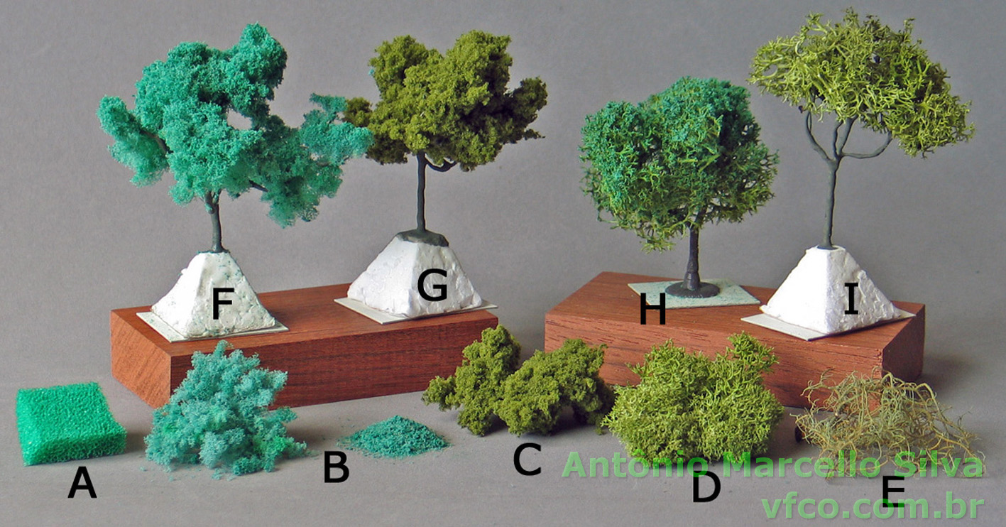 Opções de "folhagem" para árvores em maquete de ferreomodelismo