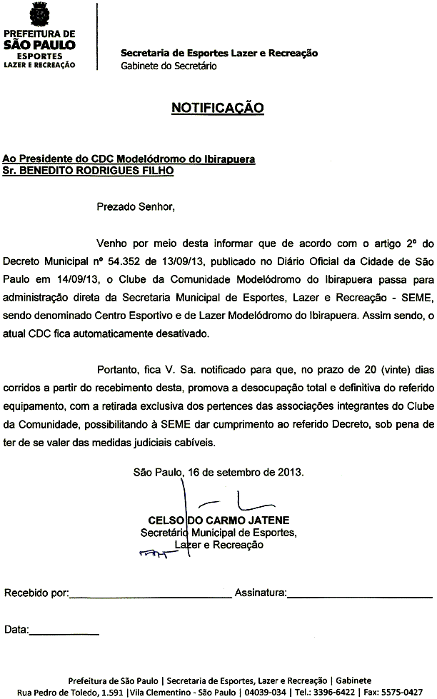 Notificação de desocupação do Modelódromo do Ibirapuera