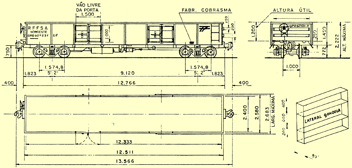 Desenho, medidas e inscrições do Vagão GPD  da RFFSA - Rede Ferroviária Federal
