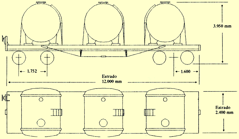 Desenho e principais medidas do vagão cebola - vista lateral e planta baixa