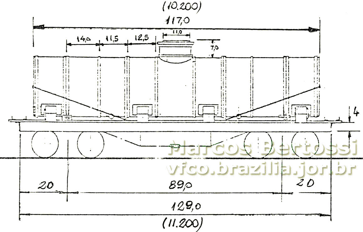 Desenho lateral e medidas do vagão tanque nº 7145 da CPEF - Cia. Paulista de Estradas de Ferro