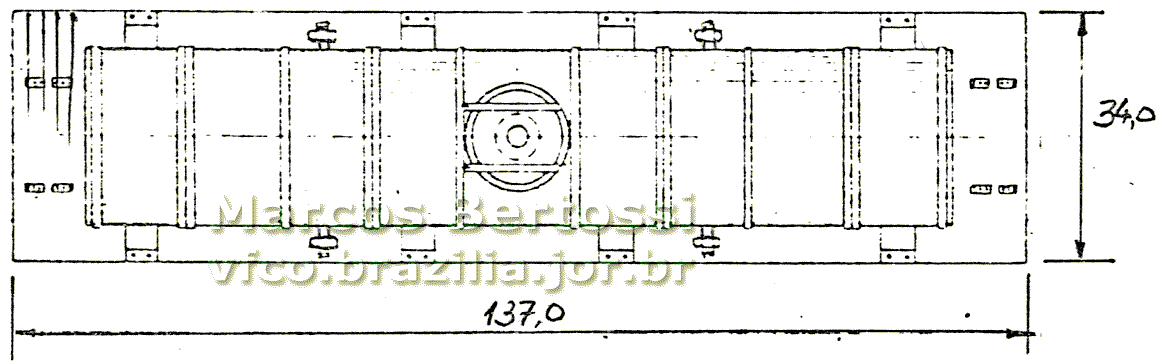 Desenho em vista superior e medidas do vagão tanque nº 7145 da CPEF - Cia. Paulista de Estradas de Ferro