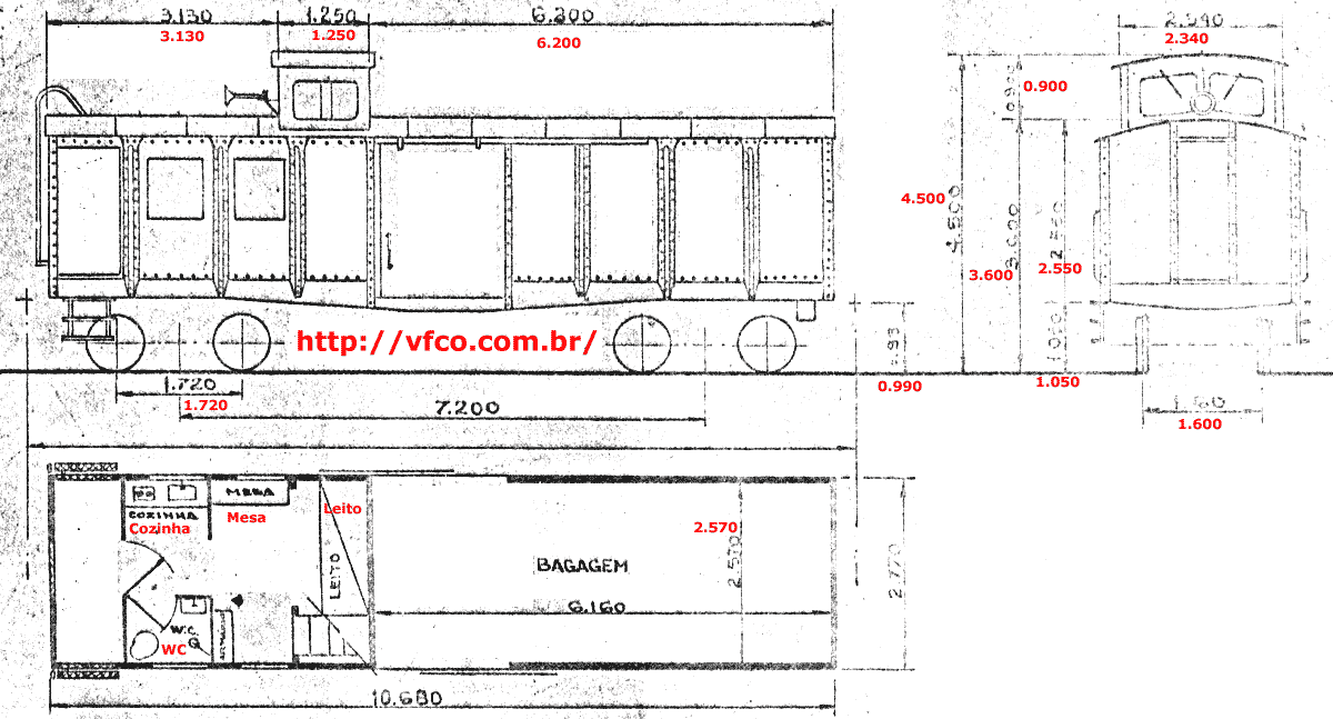 Desenho e medidas dos vagões caboose CBR / CNR da Estrada de Ferro Central do Brasil