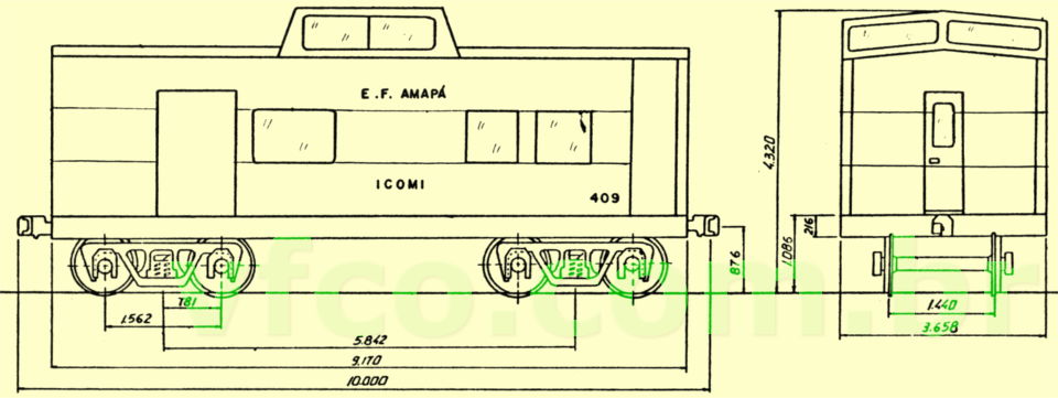 Desenho e medidas do Vagão caboose 410 da Estrada de Ferro Amapá