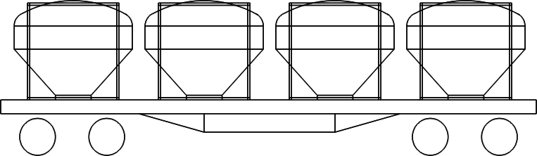 Vagão plataforma com três recipientes tremonha (cisternas)