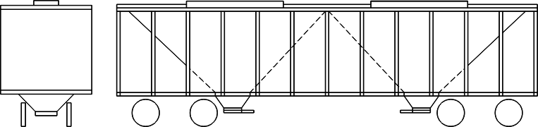 Desenho simplificado de um vagão graneleiro com descarga pelo centro (entre os trilhos)