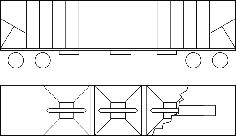 Desenho esquemático de um vagão hopper mostrando as tremonhas