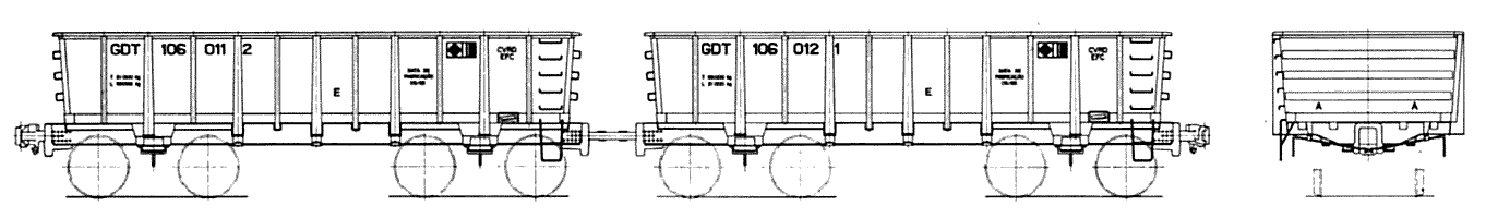 Desenho de Dupla de vagões gôndola GDF da Estrada de Ferro Carajás, construídos pela Mafersa