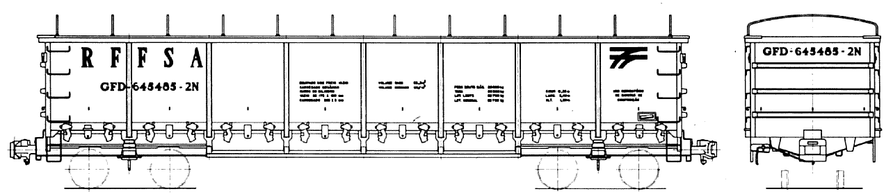 Desenho do Vagão gôndola GFD da RFFSA - Rede Ferroviária Federal, construído pela Mafersa