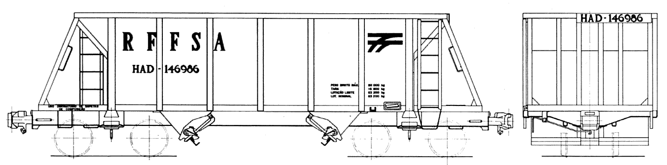 Desenho do Vagão hopper aberto HAD da RFFSA - Rede Ferroviária Federal, construído pela Mafersa