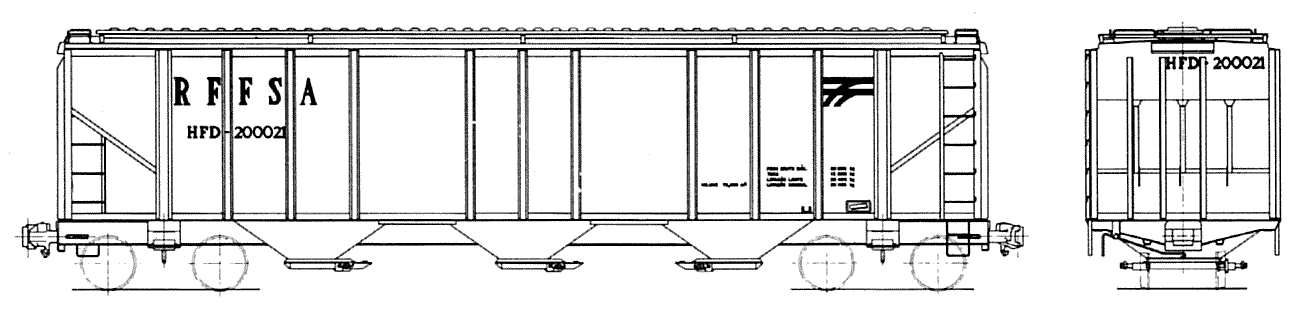 Desenho do Vagão hopper fechado HFD da RFFSA - Rede Ferroviária Federal, construído pela Mafersa