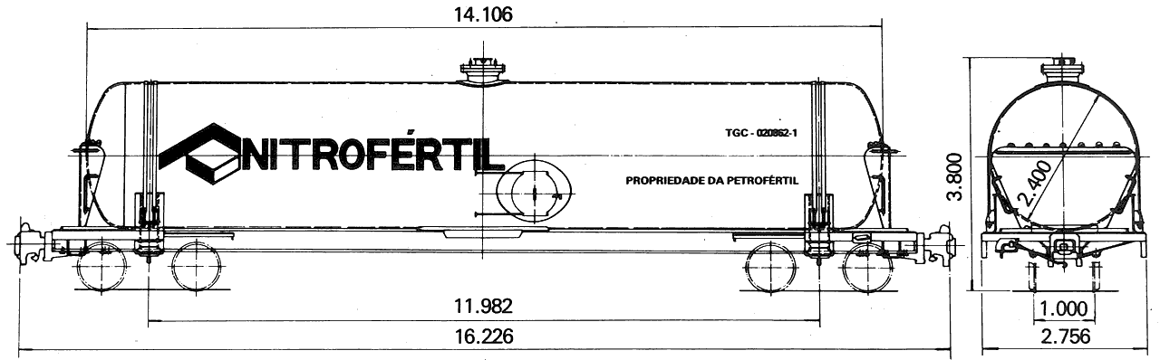 Desenho e medidas do vagão tanque TGC Nitrofértil construído pela Mafersa