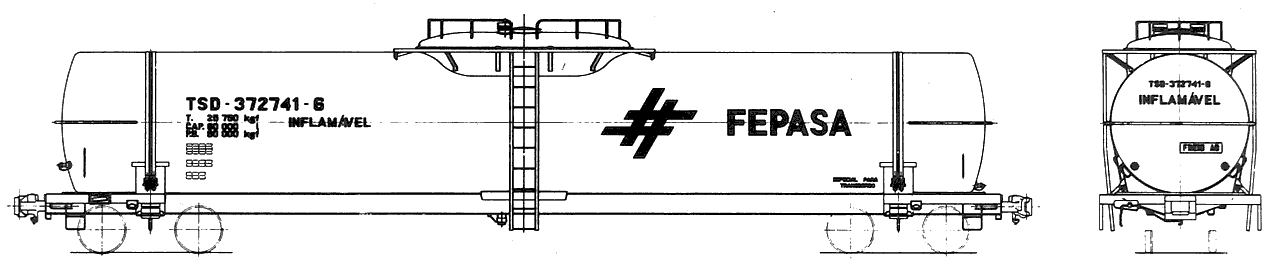 Desenho do vagão tanque TSR (ou TSD?) Fepasa - Ferrovias Paulistas, construído pela Mafersa