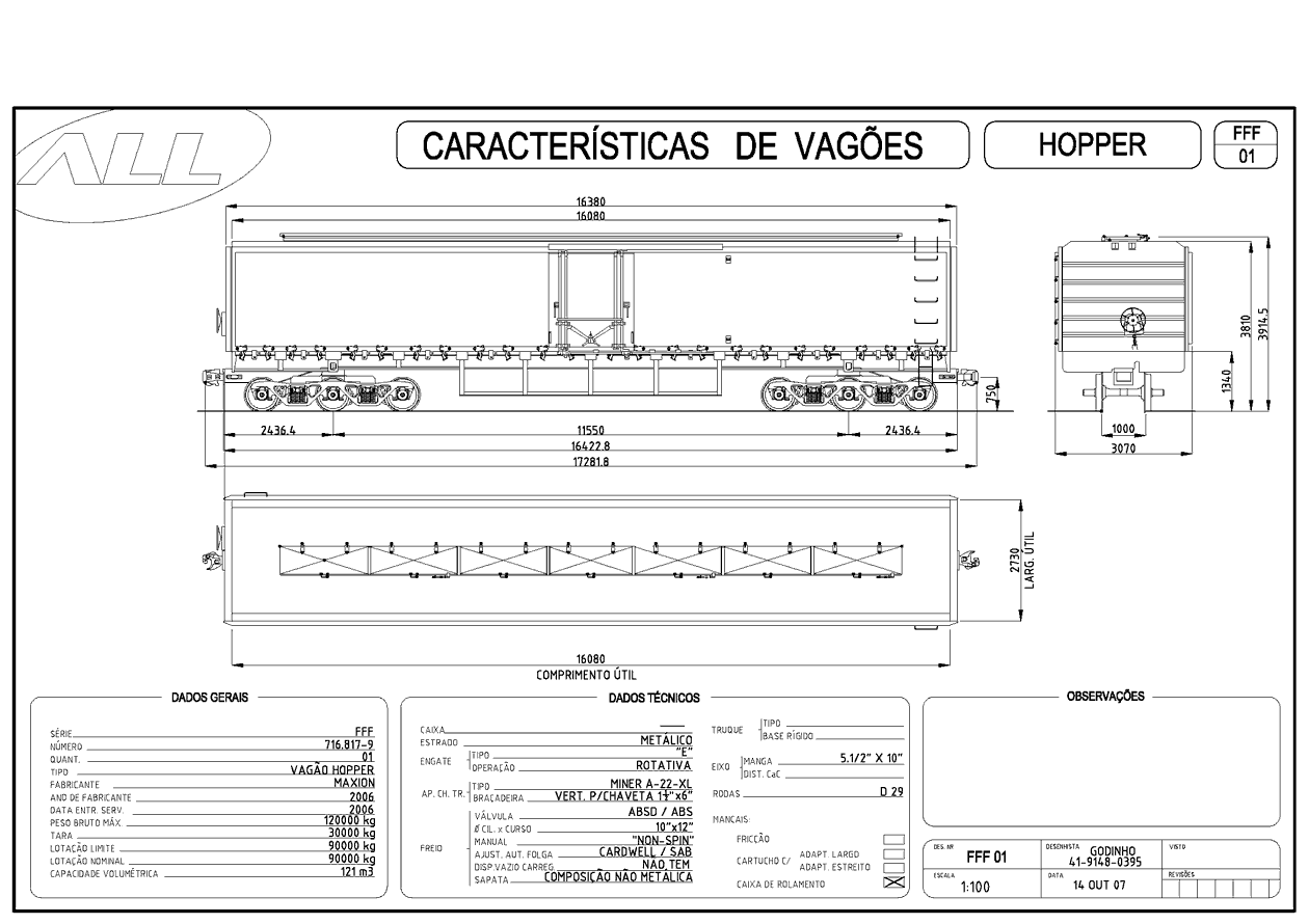 Planta do vagão hopper FFF da ferrovia ALL - América Latina Logística: desenho, medidas e características
