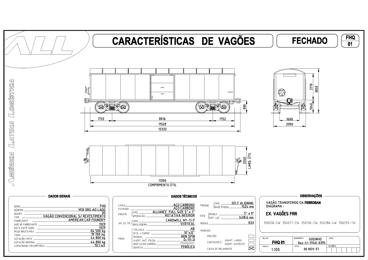 Planta do vagão fechado FHQ da ferrovia ALL - América Latina Logística: desenho, medidas e características