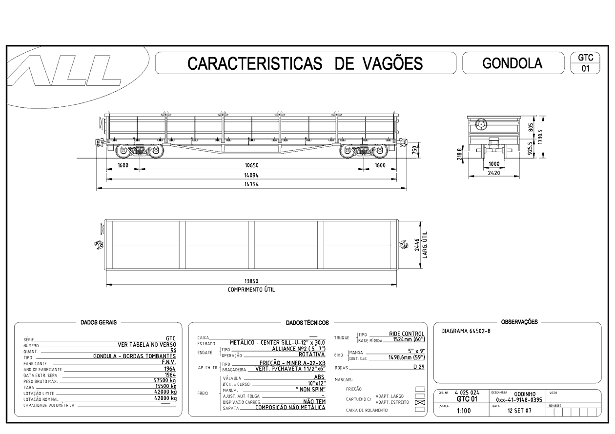 Planta do vagão gôndola de bordas tombantes GTC da ferrovia ALL - América Latina Logística: desenho, medidas e características