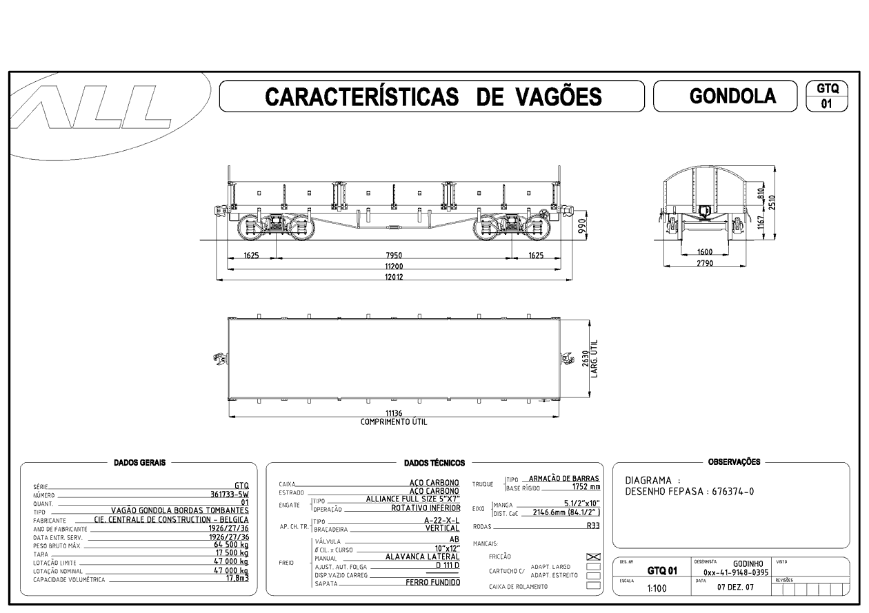 Planta do vagão gôndola de bordas tombantes GTQ da ferrovia ALL - América Latina Logística: desenho, medidas e características