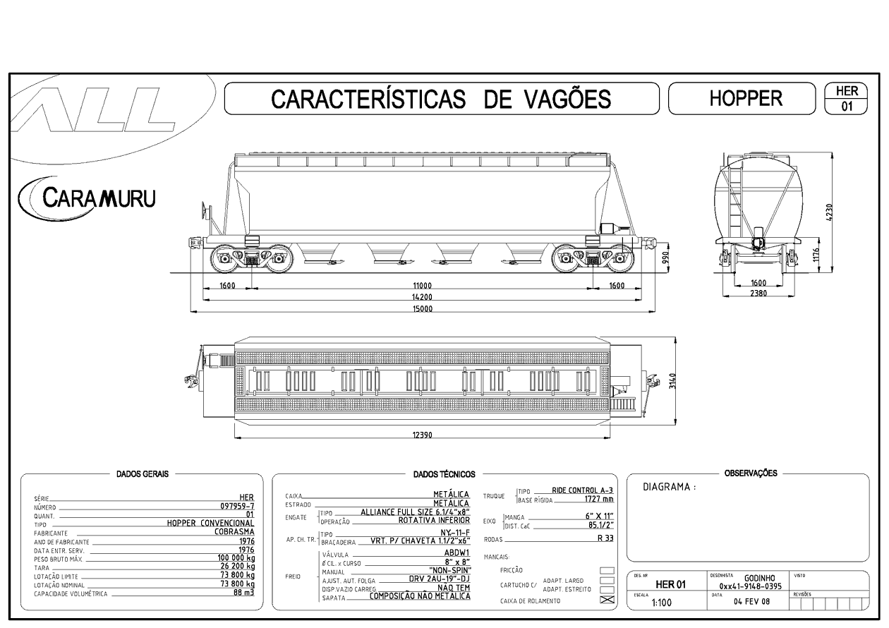 Planta do vagão hopper convencional HER da ferrovia ALL - América Latina Logística: desenho, medidas e características