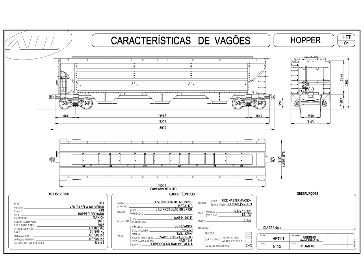 Planta do vagão hopper fechado HFT da ferrovia ALL - América Latina Logística: desenho, medidas e características