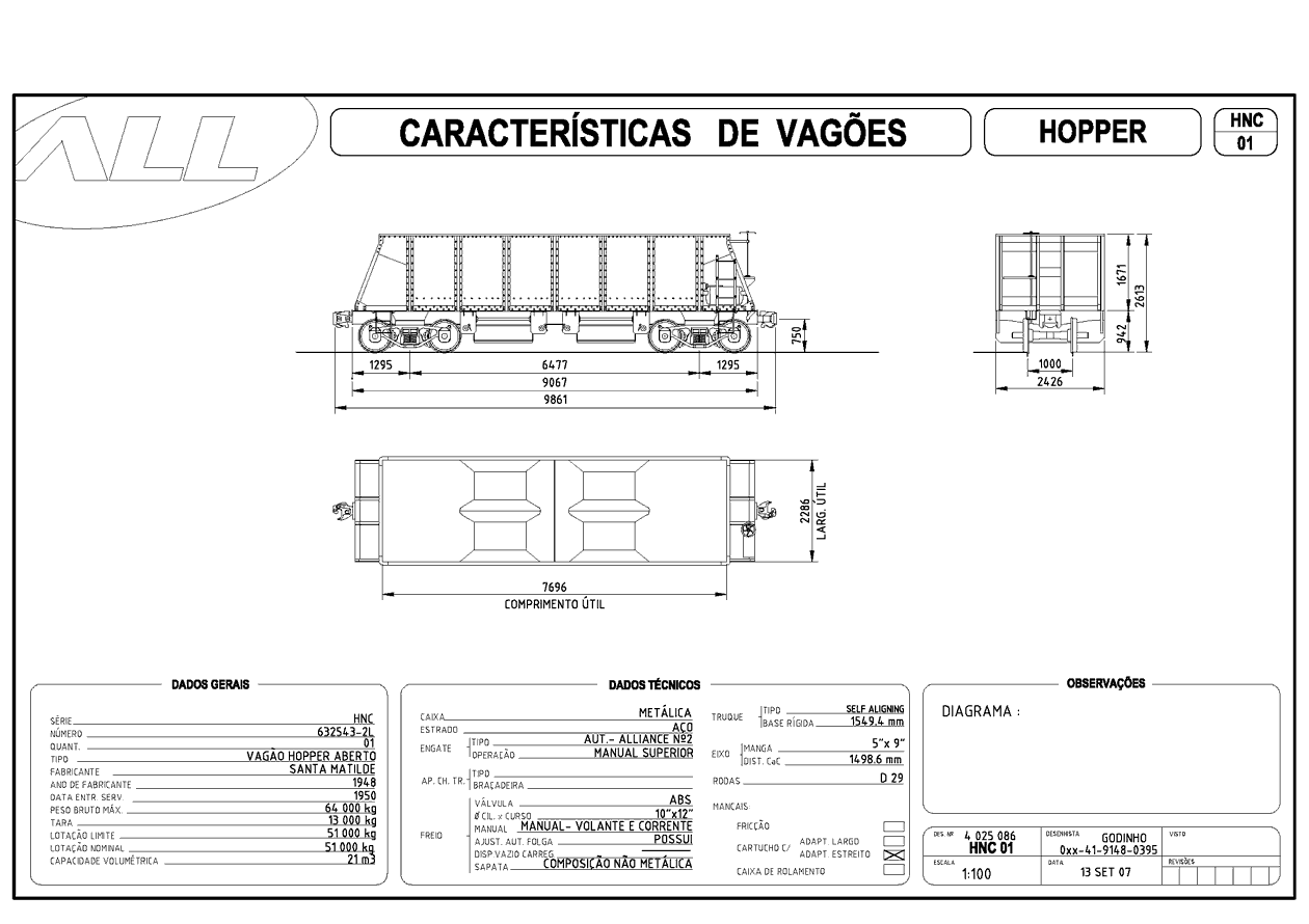 Planta do vagão hopper aberto HNC da ferrovia ALL - América Latina Logística: desenho, medidas e características