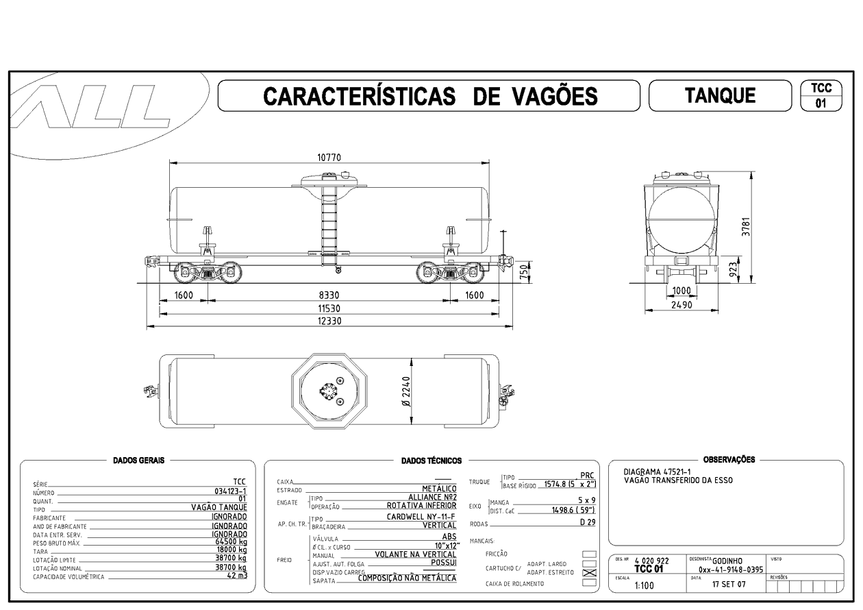 Planta dos vagões tanque TCC da ferrovia ALL - América Latina Logística: desenho, medidas e características