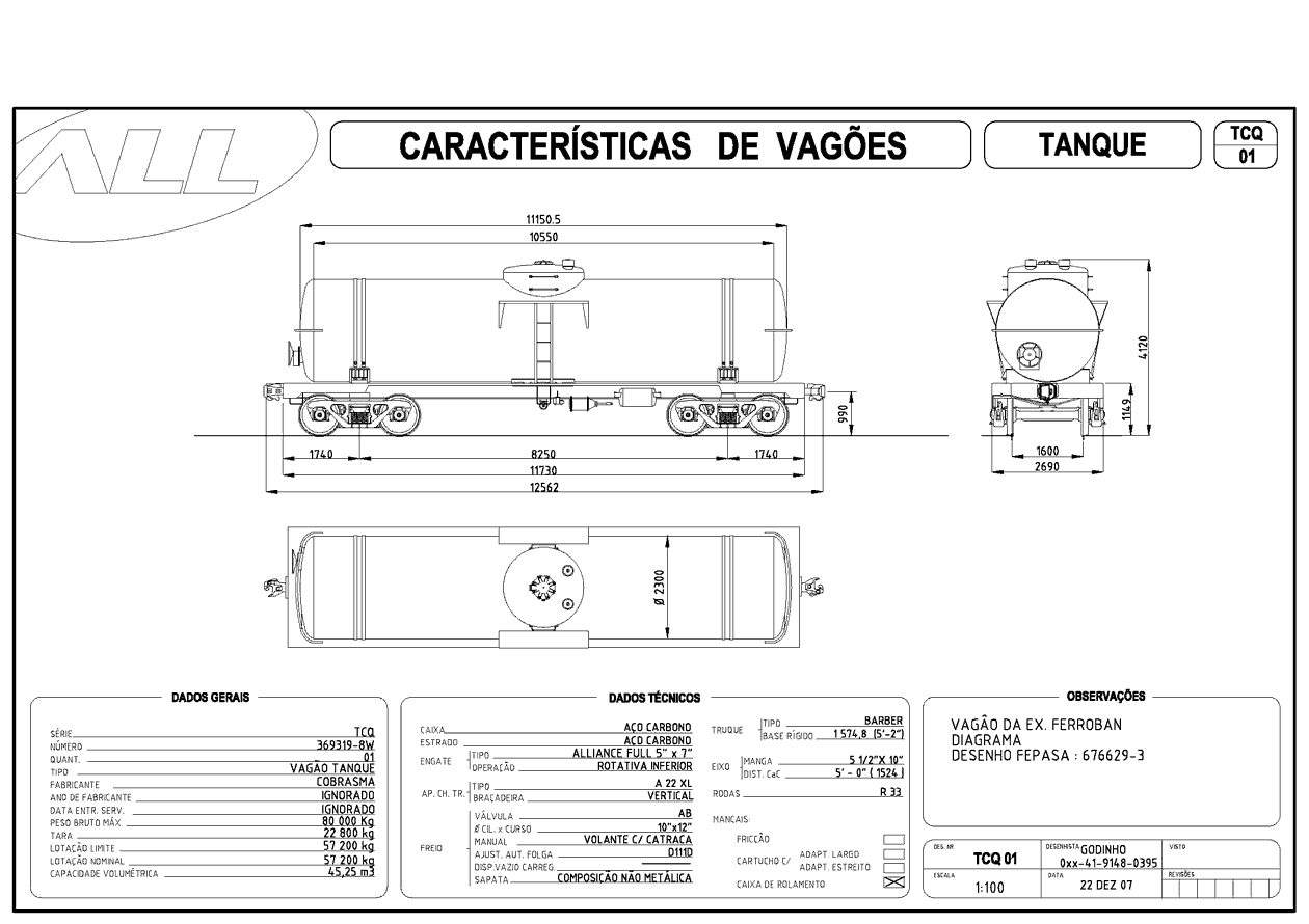 Planta dos vagões tanque TCQ da ferrovia ALL - América Latina Logística: desenho, medidas e características