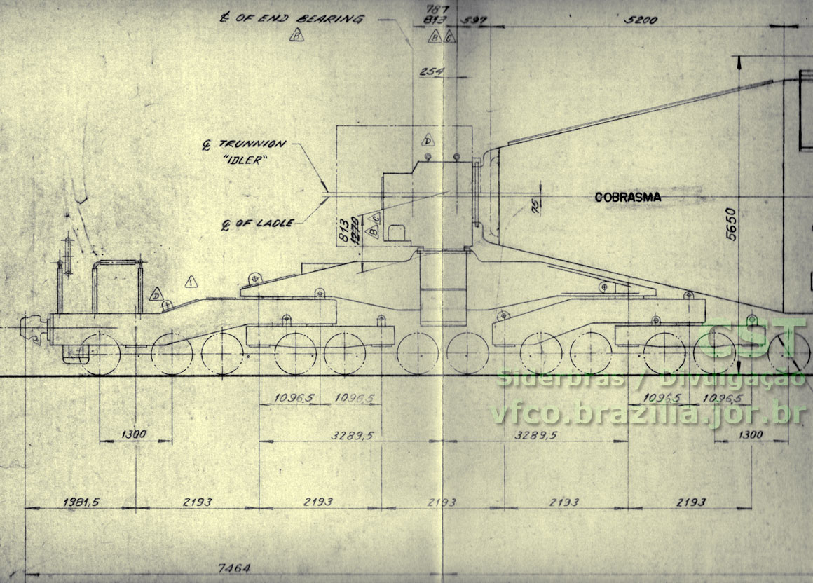 Desenho parcial do vagão torpedo da CST com as medidas dos truques