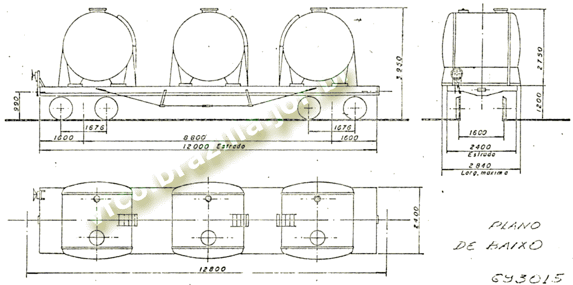 Desenho e medidas do vagão "cebola" TQQ-372103 da Fepasa - Ferrovias Paulistas