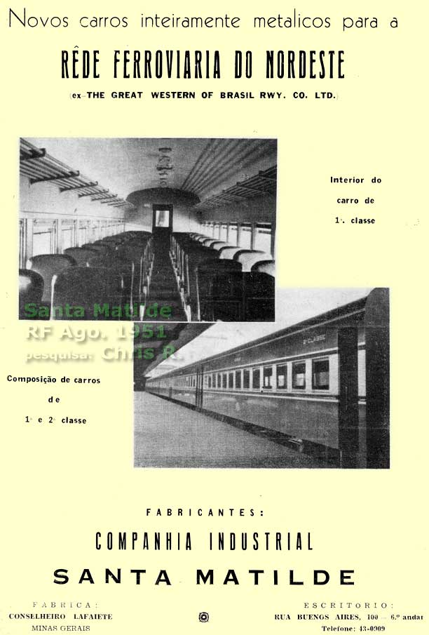 Anúncio dos vagões de passageiros Santa Matilde em aço carbono para a RFN - Rede Ferroviária do Nordeste, em Agosto de 1951
