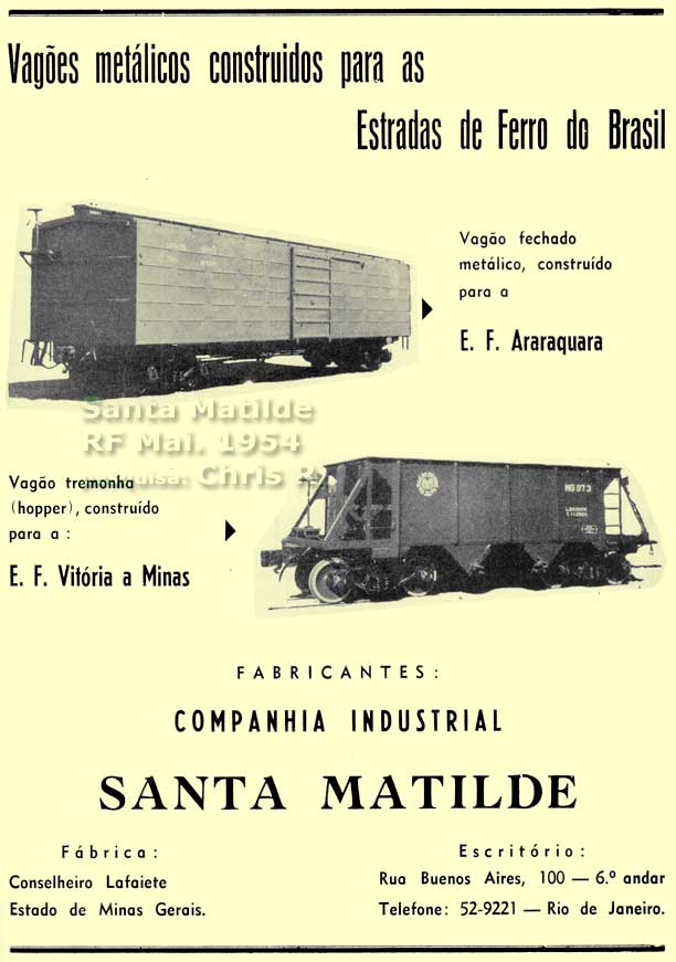 Vagões metálicos Santa Matilde para EFA e EFVM - anúncio de 1954