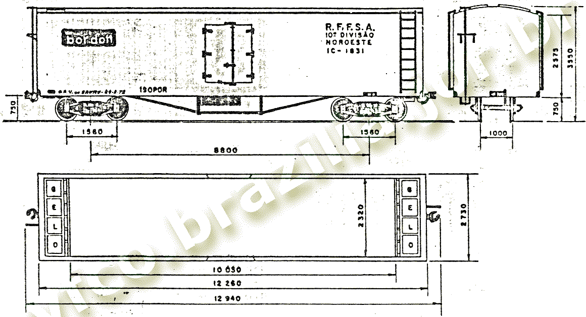 Desenho e medidas dos vagões IB e IC da RFFSA - Estrada de Ferro Noroeste do Brasil