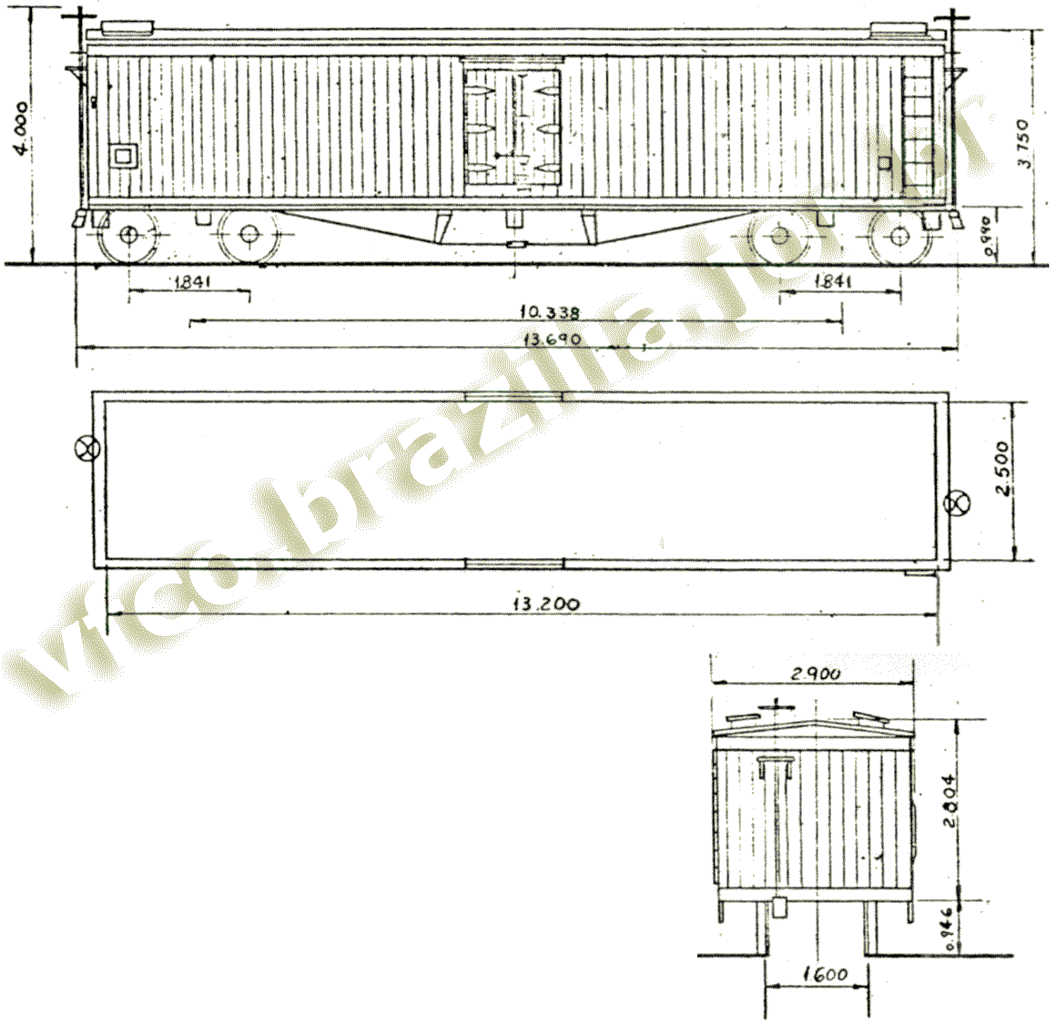 Desenho e medidas do vagão isotérmico ID-1551 RFFSA Central, construído pela Mafersa