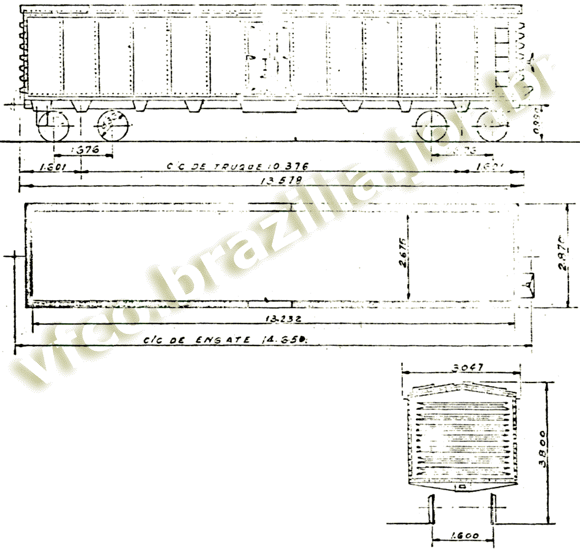 Desenho e medidas dos vagões isotérmicos ID-1591-1637 RFFSA Central