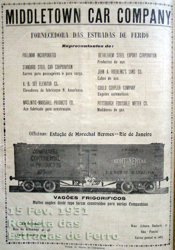 Anúncio de vagões frigoríficos da Midletown Car na Revista das Estradas de Ferro em 1931
