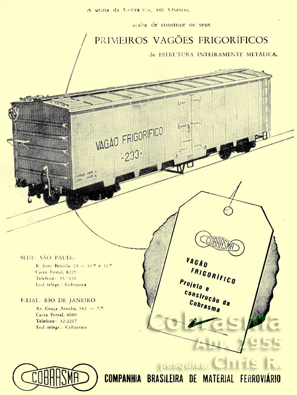 Anúncio de 1955 dos “primeiros vagões frigoríficos em estrutura inteiramente metálica” da Cobrasma