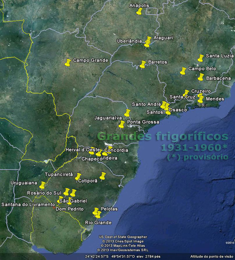 Localização de alguns dos principais frigoríficos instalados no Brasil até 1960, inclusive os fechados no período
