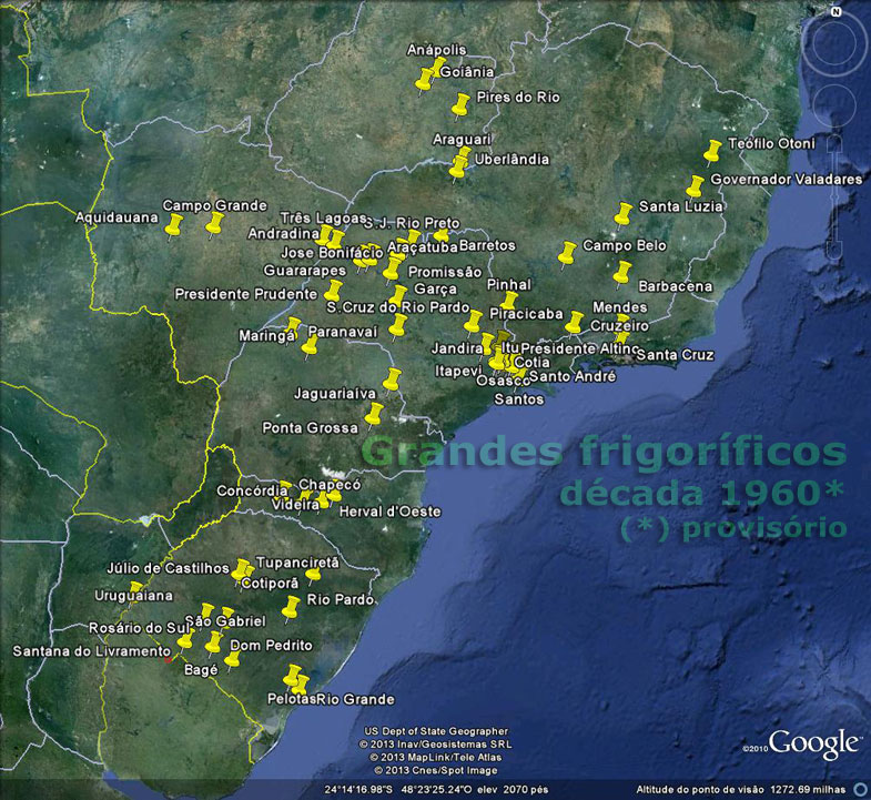 Localização dos principais frigoríficos existentes no Brasil até a década de 1960