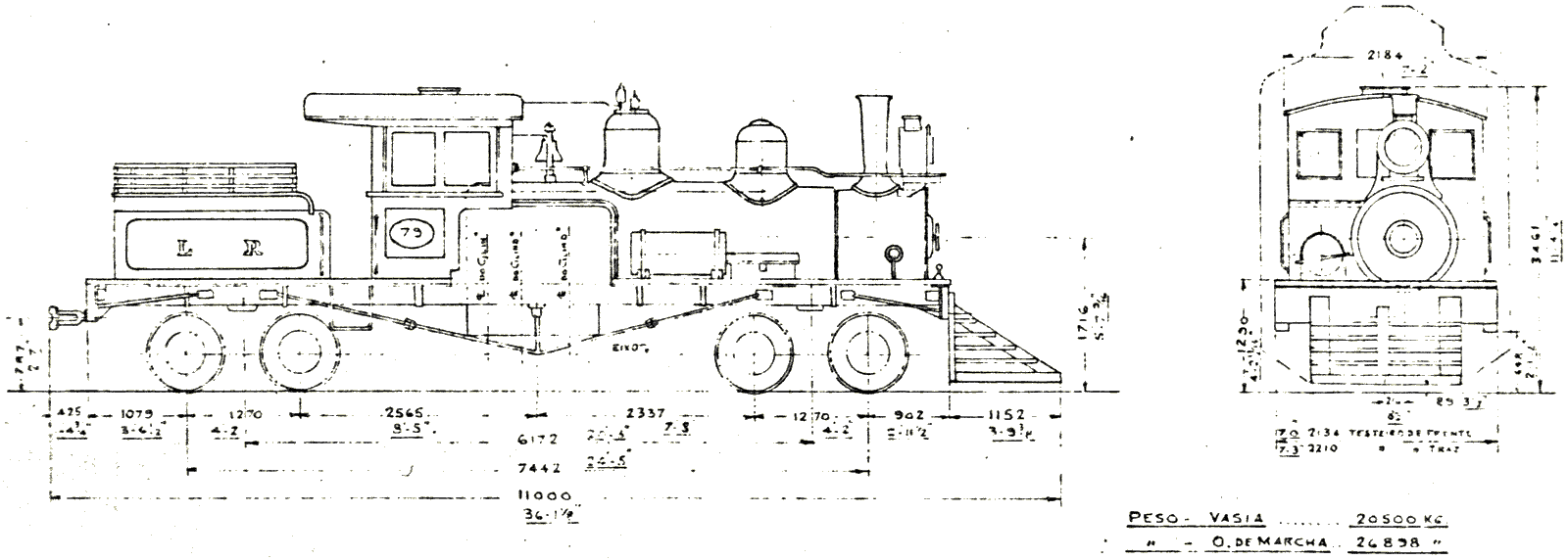 Desenho e medidas da locomotiva Shay número 79 da Leopoldina Railway
